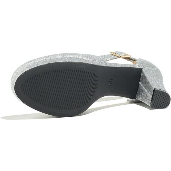 Women's High Block Heels Pumps Round Closed Toe Ankle Strap Wedding Dress Shoes - Picture 5 of 6